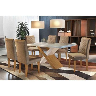 Kit Mesa Tampo Vidro 180cm Canto Reto + 6 Cadeiras Imbuia Chocolate
