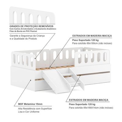 Bicama Solteiro Mdf Branco Com Escadinha/escorrega 03 Grades E Cabeceira Anatômica Mobilistore