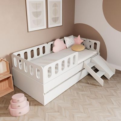 Bicama Solteiro Mdf Branco Com Escadinha/escorrega 03 Grades E Cabeceira Anatômica Mobilistore