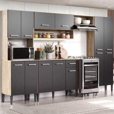 Cozinha Completa Arizona Plus Com Armário E Balcão Carraro - Carvalho/preto Carvalho/preto