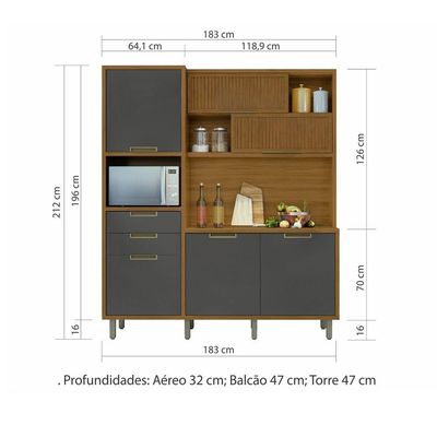 Cozinha Compacta 6 Portas 2 Gavetas Loft Imperatriz Nesher Móveis Amadeirado Freijó-grafite