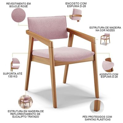 Kit 02 Cadeiras Para Sala De Jantar Estar Living Giorgia B04 Bouclê Rosê - Lyam Decor