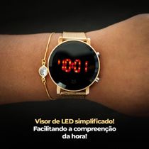 Relogio Digital Feminino Aço + Relogio Silicone Led Dourado
