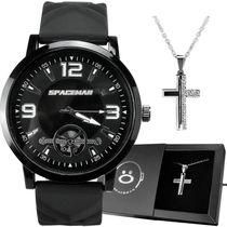 Relogio Masculino Aço Inox + Caixa Pingente Cruz Social Silicone Ajustavel Casual Cordao Relogio