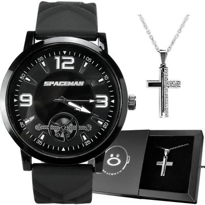 Relogio Masculino Aço Inox + Caixa Pingente Cruz Social Silicone Ajustavel Casual Cordao Relogio