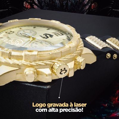 Relogio Masculino Banhado Ouro + Cordão + Relogio Masculino Aço Inox Casual Presente Original Social
