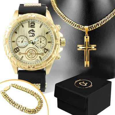 Relogio Masculino Banhado Ouro + Cordão + Relogio Masculino Aço Inox Casual Presente Original Social
