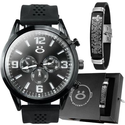 Relogio Masculino Preto Aço Inox + Caixa + Pai Nosso Pulseira Original Social Casual Ajustavel