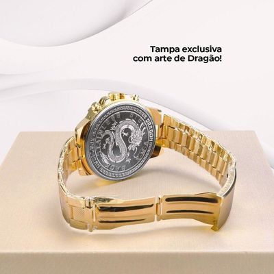 Relogio Masculino Banhado Original Aço Inox Grande Caixa Original Casual Dragão Qualidade Premium
