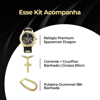 Relogio Masculino Dourado Aço Inox + Cordão Cruz Presente Dourado Analógico Casual Ajustavel Banhado
