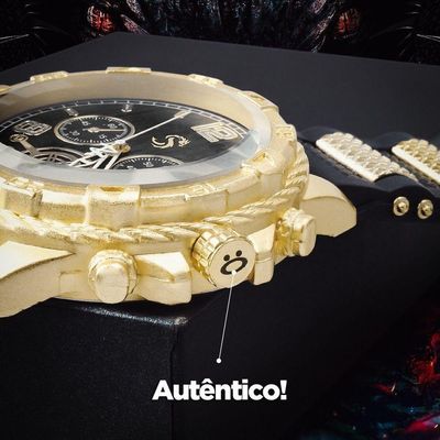 Relogio Masculino Dourado Aço Inox + Cordão Cruz Presente Dourado Analógico Casual Ajustavel Banhado