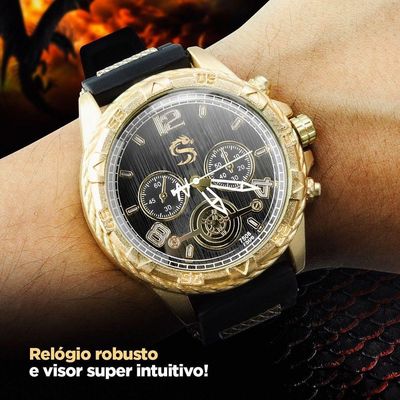 Relogio Masculino Dourado Aço Inox + Cordão Cruz Presente Dourado Analógico Casual Ajustavel Banhado