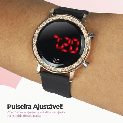 Relogio Feminino Digital Dourado Led Aço Inox Redondo Premium Moda Presente Casual Ajustavel Led