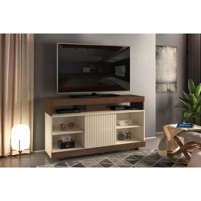 Rack Para Tv Dili Até 50 Polegadas C/ 1 Porta De Correr E 5 Nichos Marroquim/off White - Dj Móveis
