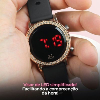 Relogio Feminino Digital Dourado Led Aço Inox Redondo Premium Moda Presente Casual Ajustavel Led