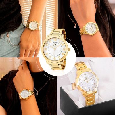 Relogio Feminino Inox Dourado Aço + Colar + Brincos + Caixa Qualidade Premium Social Strass Moda