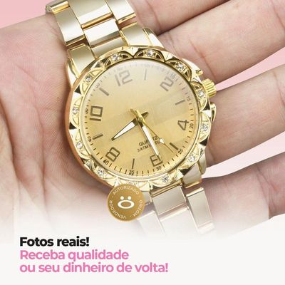 Relógio Feminino Strass Banhado Aço + Caixa + Colar Brincos Prova Dagua Social Casual Presente Ouro
