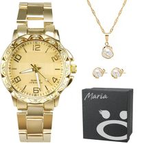 Relógio Feminino Strass Banhado Aço + Caixa + Colar Brincos Prova Dagua Social Casual Presente Ouro