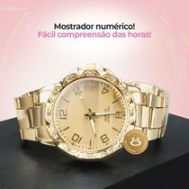 Relógio Feminino Strass Banhado Aço + Caixa + Colar Brincos Prova Dagua Social Casual Presente Ouro