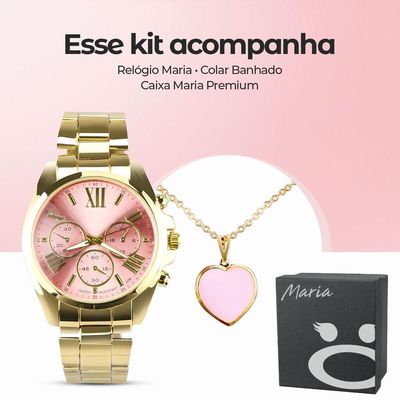 Relogio Feminino Aço Inox Prova Dagua + Caixa + Colar Ouro Dourado Qualidade Premium Presente Casual