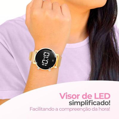 Relogio Feminino Aço Premium + Redondo + Digital Led Dourado