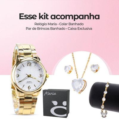 Relogio Feminino Dourado + Colar Aço Inox + Caixa Pulseira Presente Social Casual Qualidade Premim