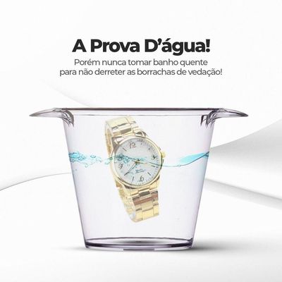 Relogio Feminino Dourado + Colar Aço Inox + Caixa Pulseira Presente Social Casual Qualidade Premim