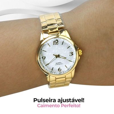 Relogio Feminino Dourado + Colar Aço Inox + Caixa Pulseira Presente Social Casual Qualidade Premim