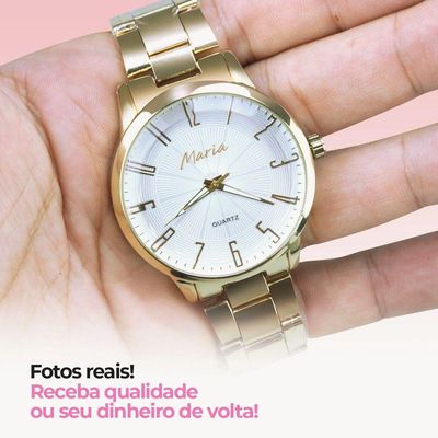Relogio Feminino Dourado Inox Banhado Aço + Caixa Original Ouro Analogico Presente