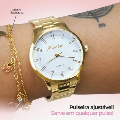 Relogio Feminino Dourado Inox Banhado Aço + Caixa Original Ouro Analogico Presente