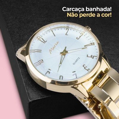 Relogio Feminino Dourado Inox Banhado Aço + Caixa Original Ouro Analogico Presente