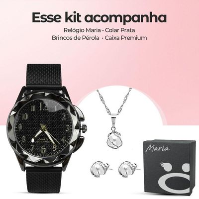 Relogio Feminino Aço Inox Prova Dagua + Colar + Pulseira
