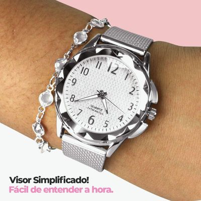 Relogio Feminino Aço Inox Prova Dagua + Colar + Pulseira