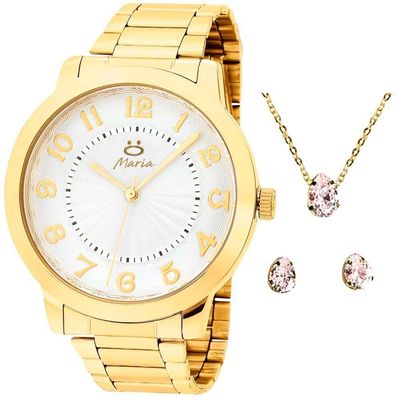 Relogio Feminino Dourado Inox Aço + Brincos + Caixa