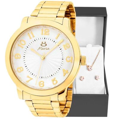 Relogio Feminino Dourado Inox Aço + Brincos + Caixa