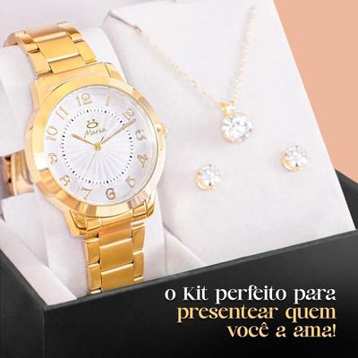 Relogio Feminino Dourado Inox Aço + Brincos + Caixa