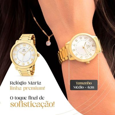 Relogio Feminino Dourado Inox Aço + Brincos + Caixa