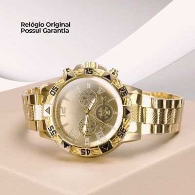 Relogio Masculino Aço Banhado Ouro + Crucifixo + Pulseira