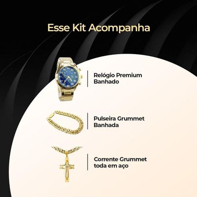 Relogio Masculino Aço Banhado + Cordão Grosso + Pulseira
