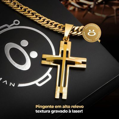 Relogio Masculino Aço Banhado Ouro + Crucifixo + Pulseira