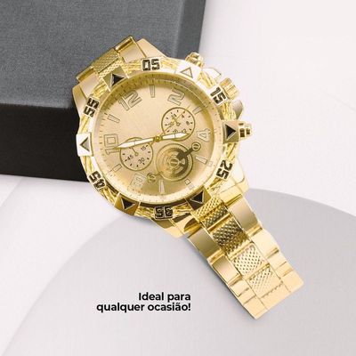 Relogio Masculino Aço Banhado Ouro + Crucifixo + Pulseira