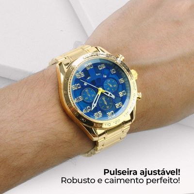 Relogio Masculino Aço Banhado + Cordão Grosso + Pulseira