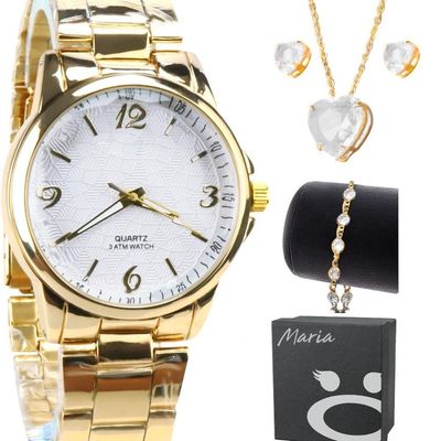Relogio Feminino Dourado + Pulseira Caixa + Colar Aço Strass