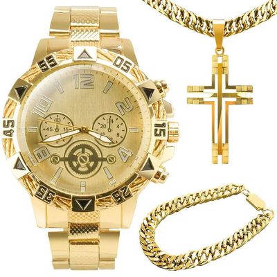 Relogio Masculino Aço Banhado Ouro + Crucifixo + Pulseira