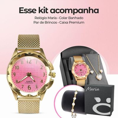 Relogio Feminino Aço Prova Dagua + Colar + Pulseira