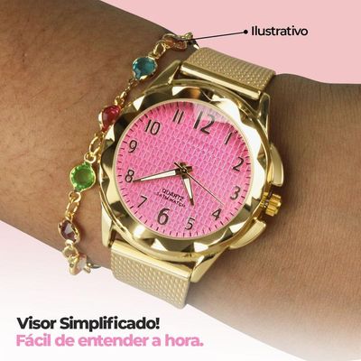 Relogio Feminino Aço Prova Dagua + Colar + Pulseira
