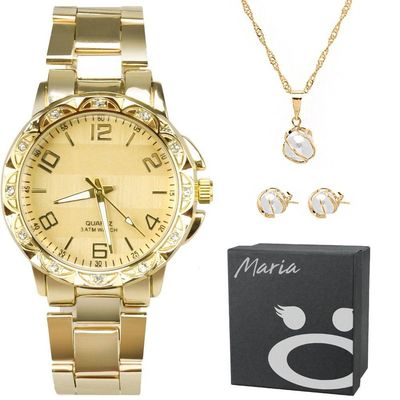 Relógio Feminino Strass Banhado Aço + Caixa + Colar Brincos