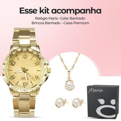 Relógio Feminino Strass Banhado Aço + Caixa + Colar Brincos