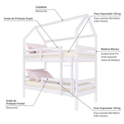 Beliche Casinha Solteiro Slim Rb Com Grade De Proteção Madeira Maciça Branco Housin