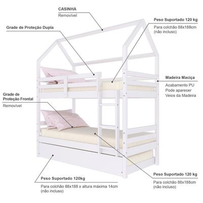 Treliche Casinha Solteiro Slim Rb Madeira Maciça Branco Housin